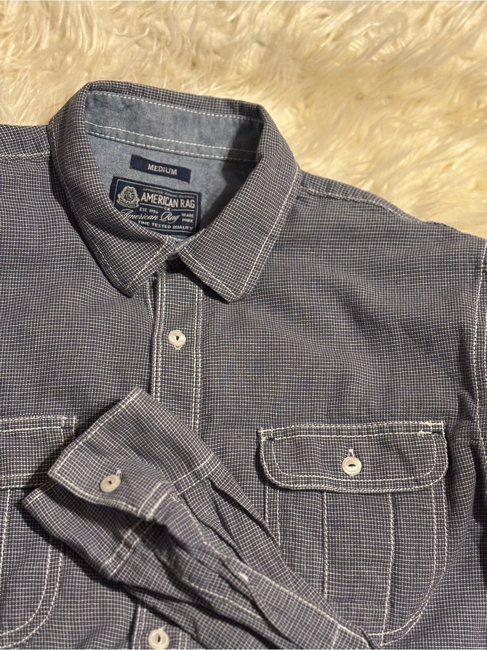 American Rag CIE Mens Medium Button Up Shirt Blue Micro Check Workwear Cotton